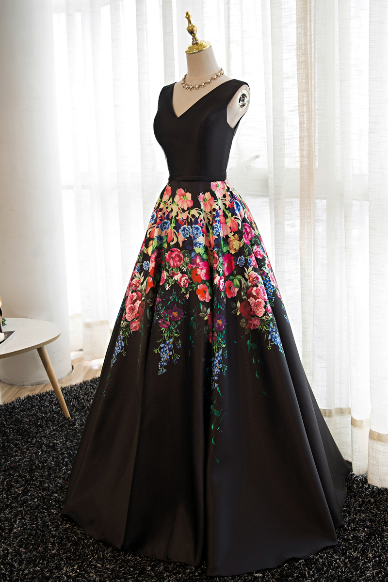 Black Floral Satin V-neckline Prom Dress, Charming Formal Gown, Party ...