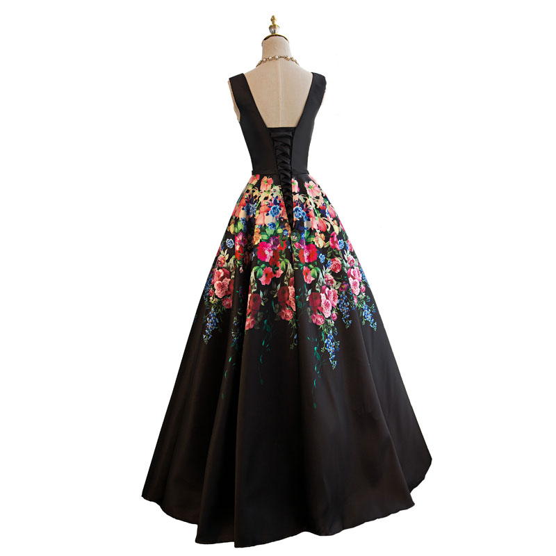 Black Floral Satin V-neckline Prom Dress, Charming Formal Gown, Party ...