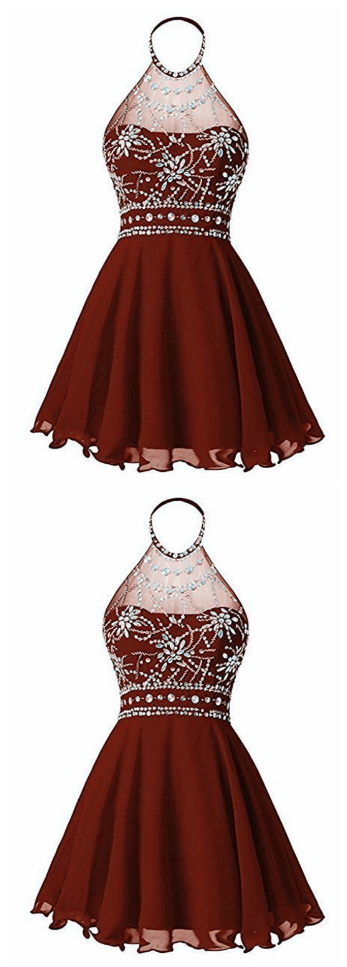 Beautiful Wine Red Halter Dress, Beaded Wine Red Short Prom