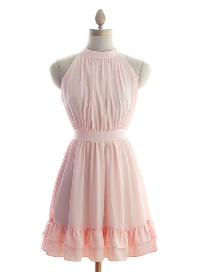 Custom Made Pink Chiffon High Neck Ruffle Short Evening Dress , Bridesmaid Dress, Homecoming ...