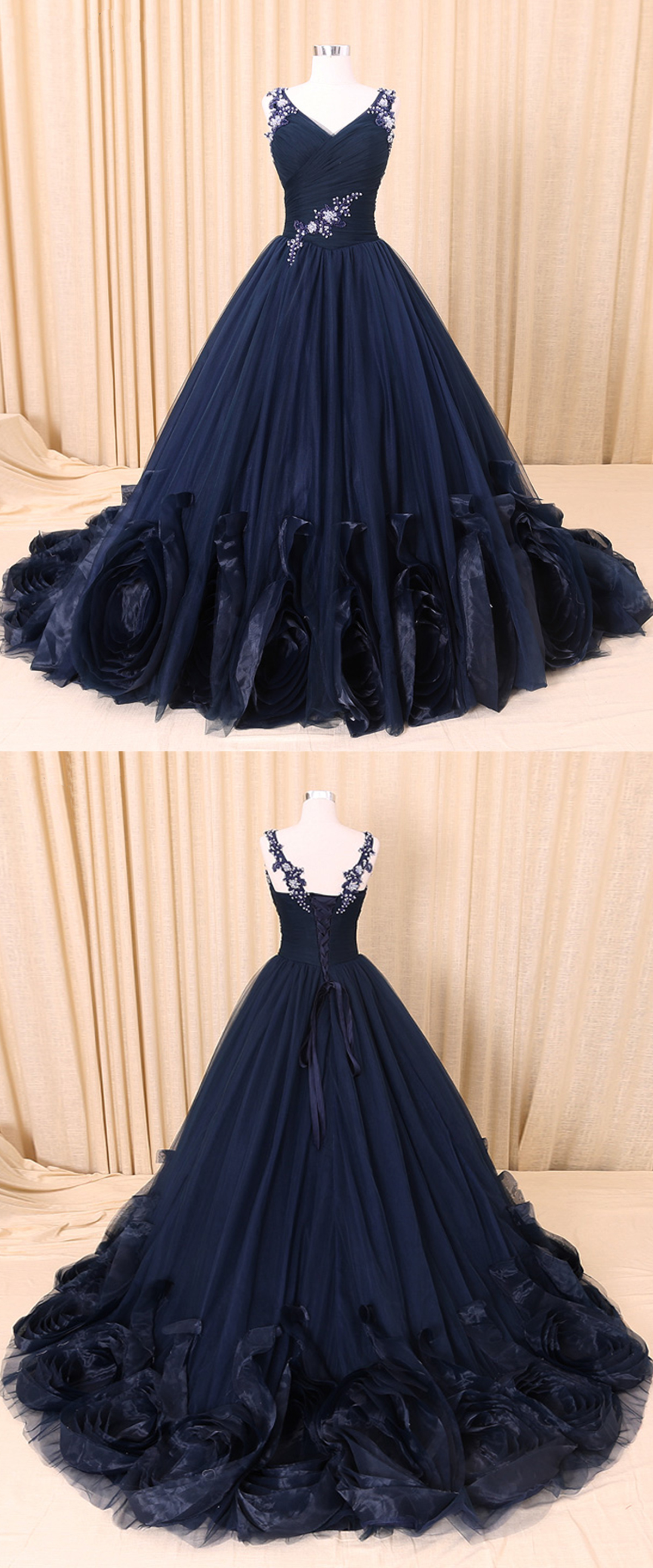 Long A-line V-neck Tulle Lace Formal Evening Dresses Dark Navy Prom Dresses main image 1