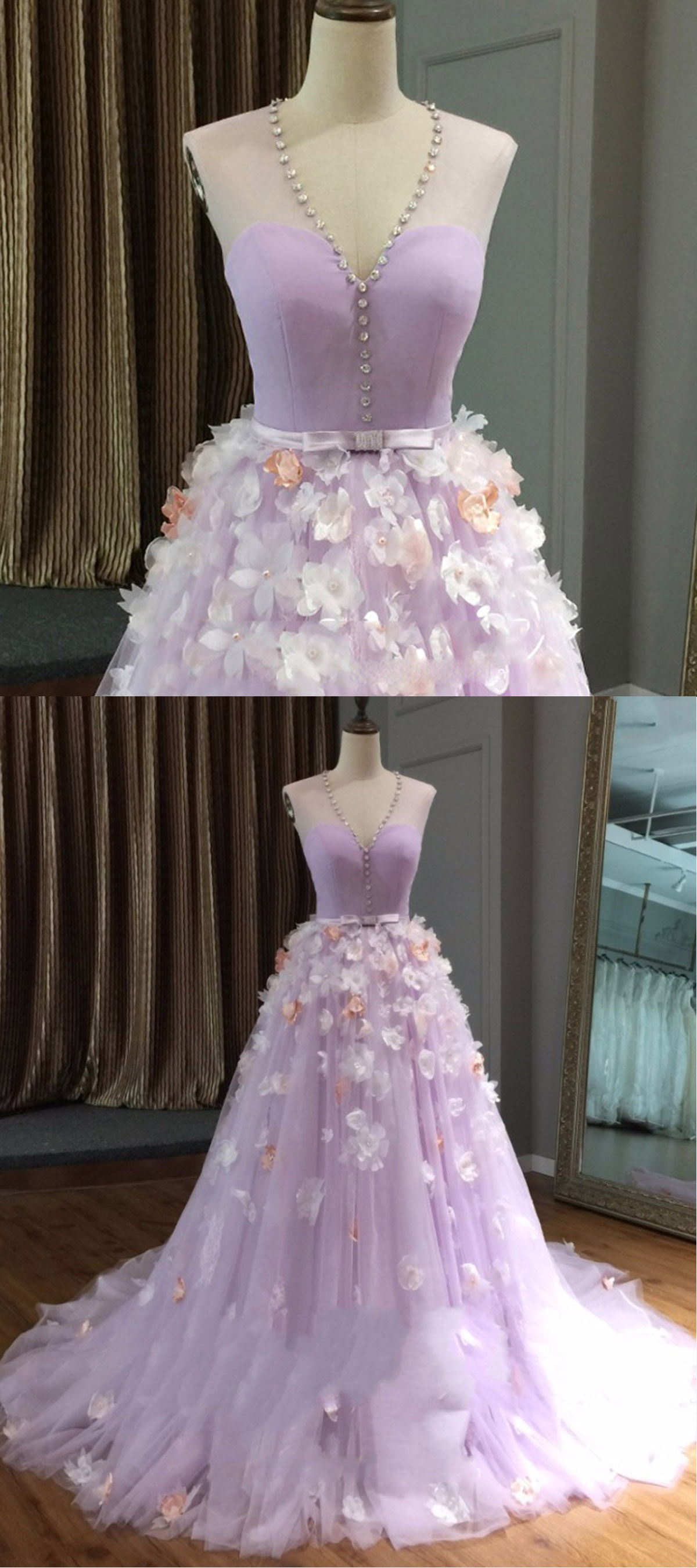 Lavender Tulle V-neckline Long Party Dress, Lavender Straps Prom Dress Formal Dress