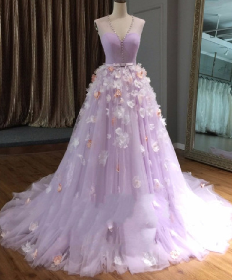 Tulle with Lace Appliqued Long Dresses Lavender Plus Size