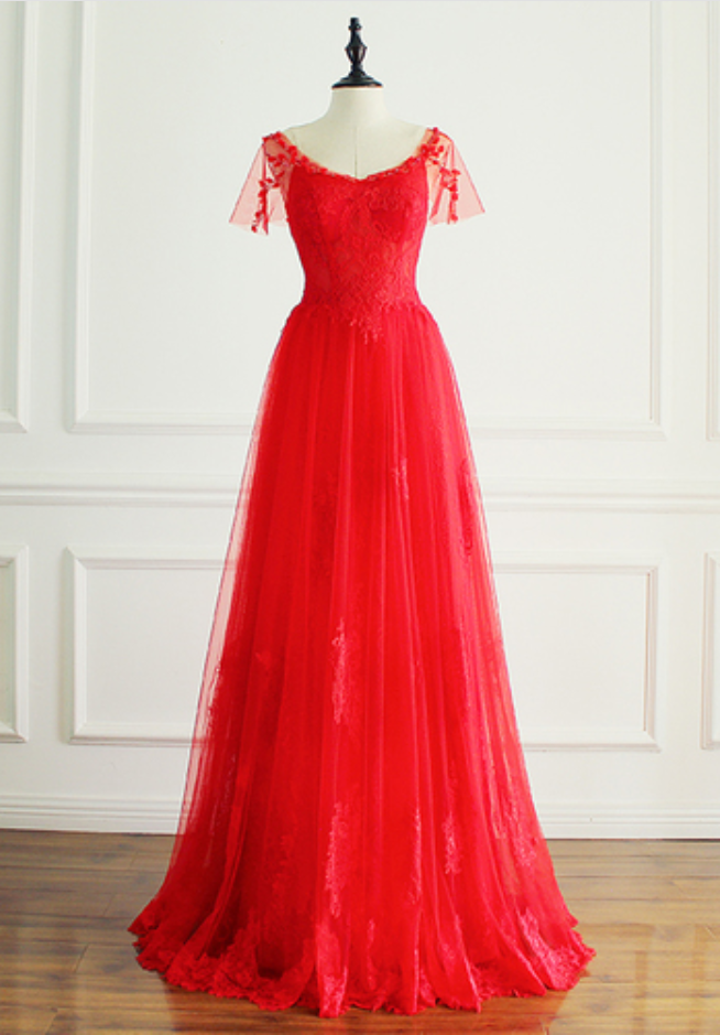 Long Sleeve Lace V Neck Red Classic Prom Dress