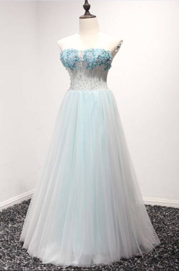 Blue Tulle Sweetheart Beaded Straps A-line Junior Prom Dress, Blue Long Evening Dress main image 1
