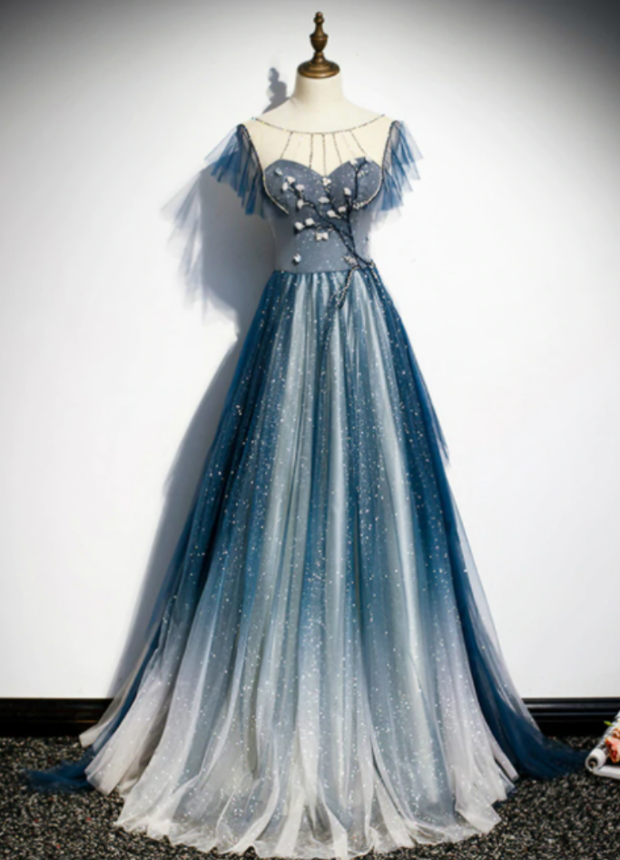 Black Applique Tulle Prom Dress, Charming A-Line Backless Beaded Prom Dress, D267