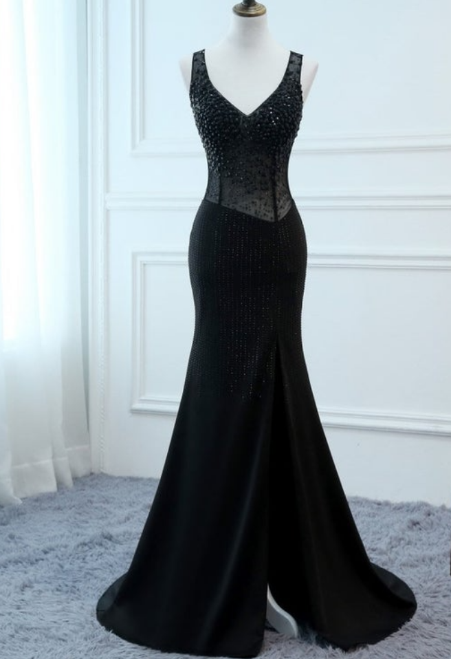 Black Prom Dresses Long Trumpet/Mermaid V-neck Evening Dresses Foral ...