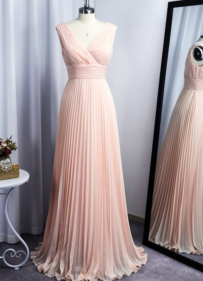 V-Neck A-Line Floor Length Chiffon Ruffle Dresses Blushing Pink