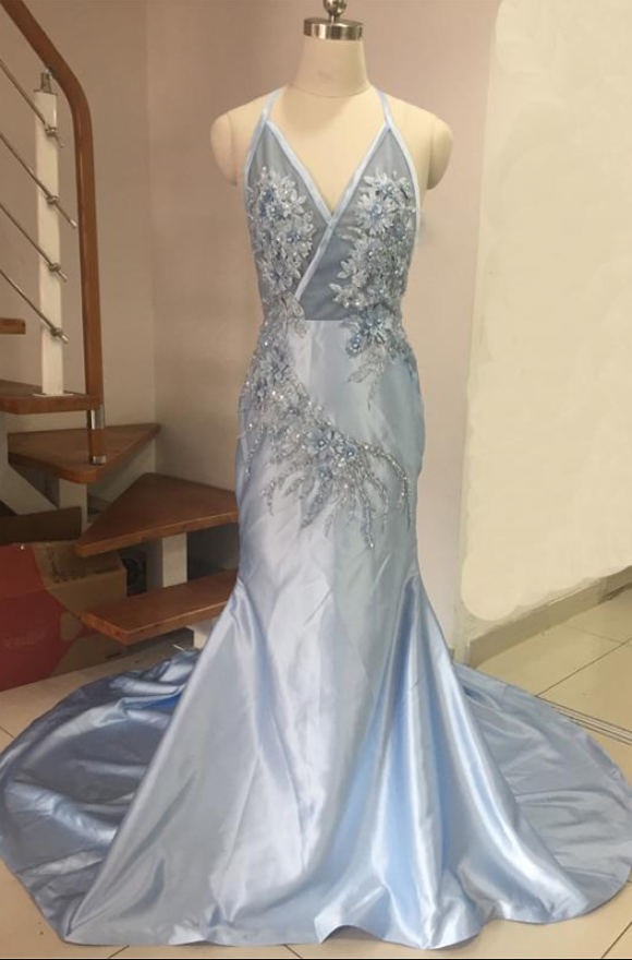 Luxurious Navy Blue Long Evening Gown Mermaid Halter Neck Backless Party Dress main image 1
