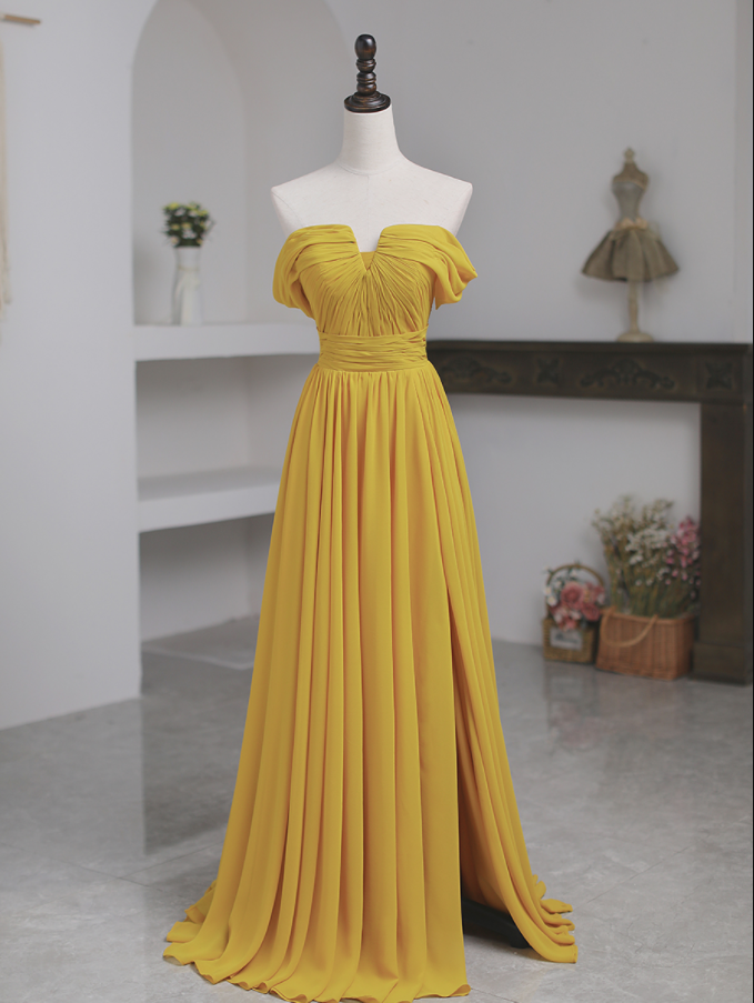 Beautiful Yellow Chiffon A-line Long Bridesmaid Dress, Off Shoulder ...