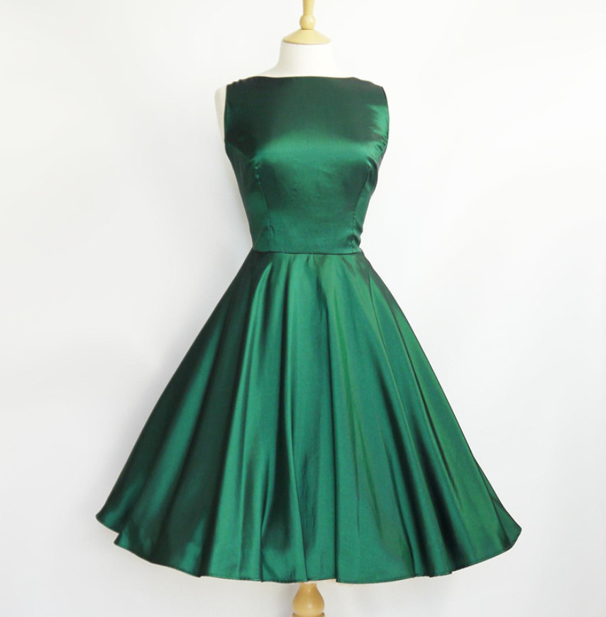 Bateau Neckline Hunter Green Tea Length Vintage Dress Party on Luulla