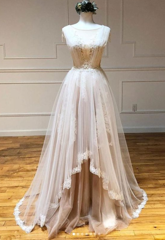 Simple champagne tulle long prom dress, Retract your waist evening dress