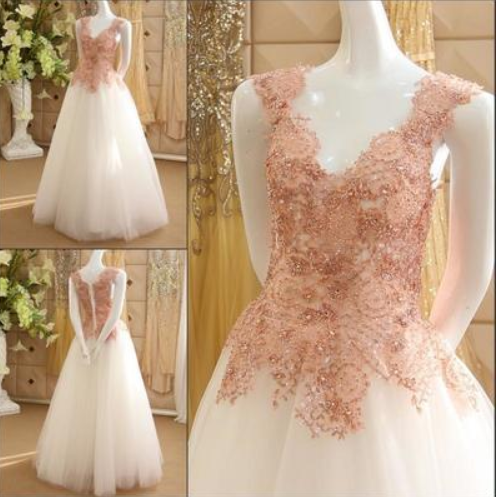 V-neck Tulle Long Prom Dresses with Appliques and Beading,Winter Formal Dresses,DS3682 main image 1