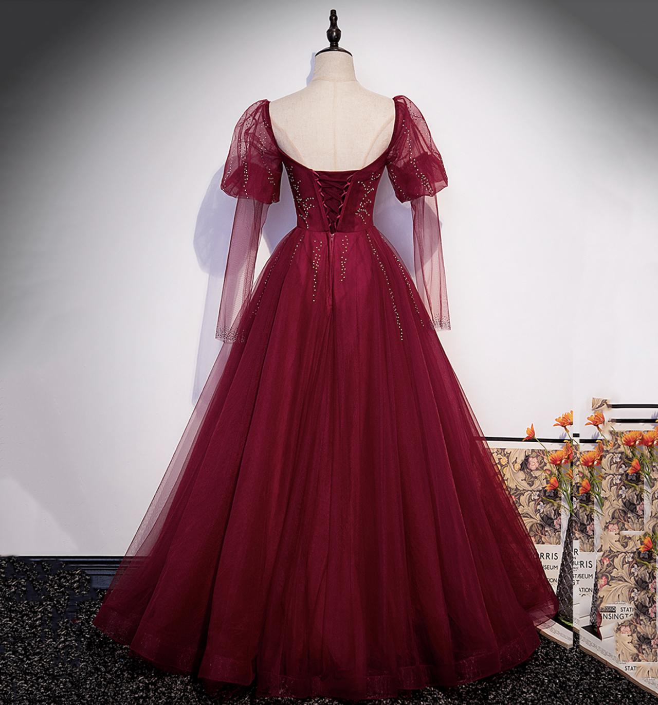 Elegant Burgund Appliques Beads Evening Dress See through Tulle Long Sleeve Dress