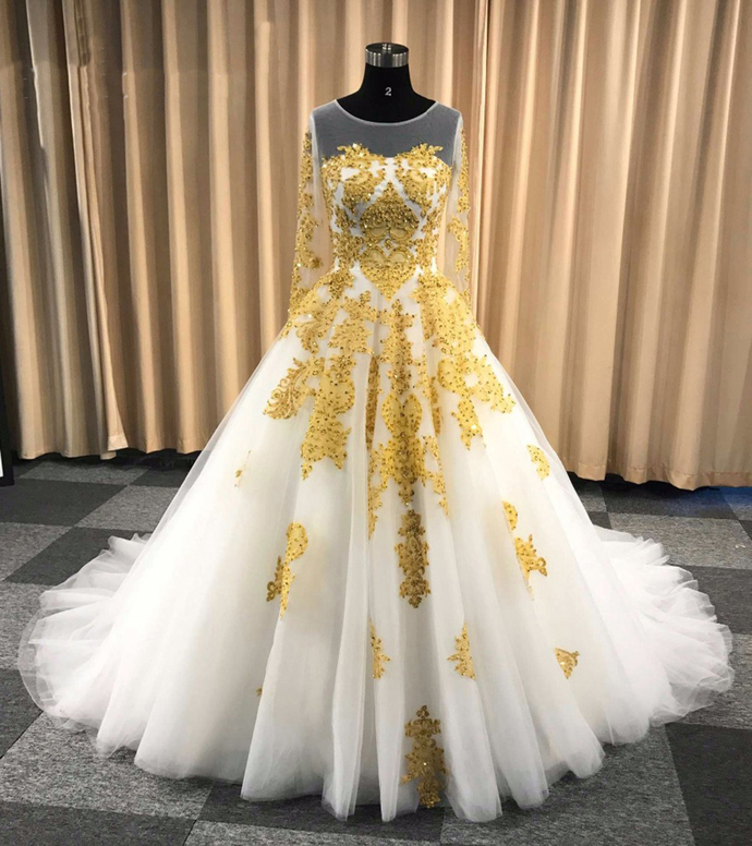 White Ball Gown Wedding Dress With Gold Appliques Long Sleeves Puffy 