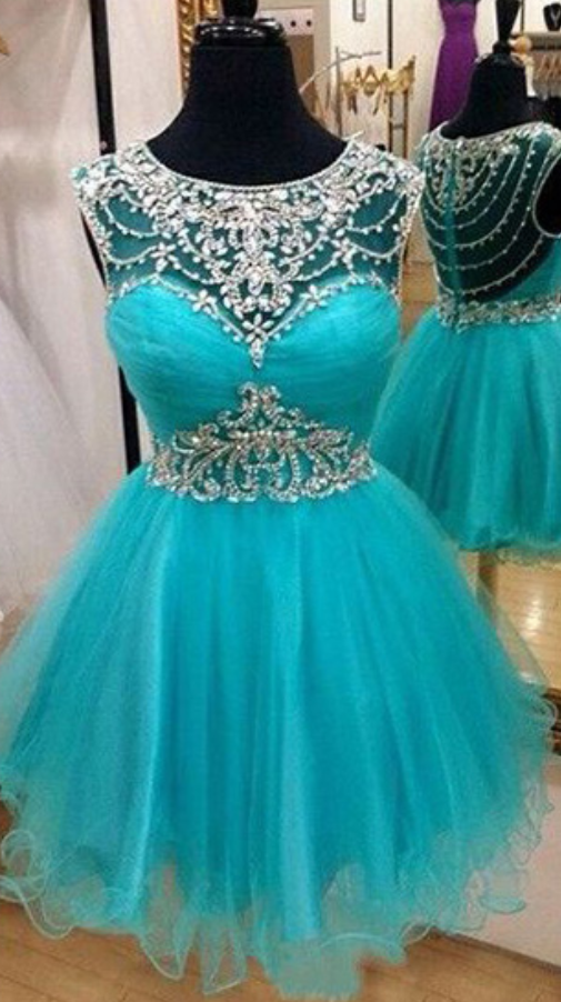 Cute Scoop Neck Teal Beaded Prom Dresses with Slit main image 0