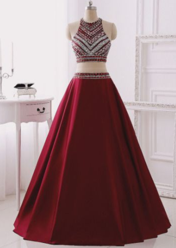 Dusty Blue Bead Top Two Piece Long Halter Neck Prom Dress main image 1